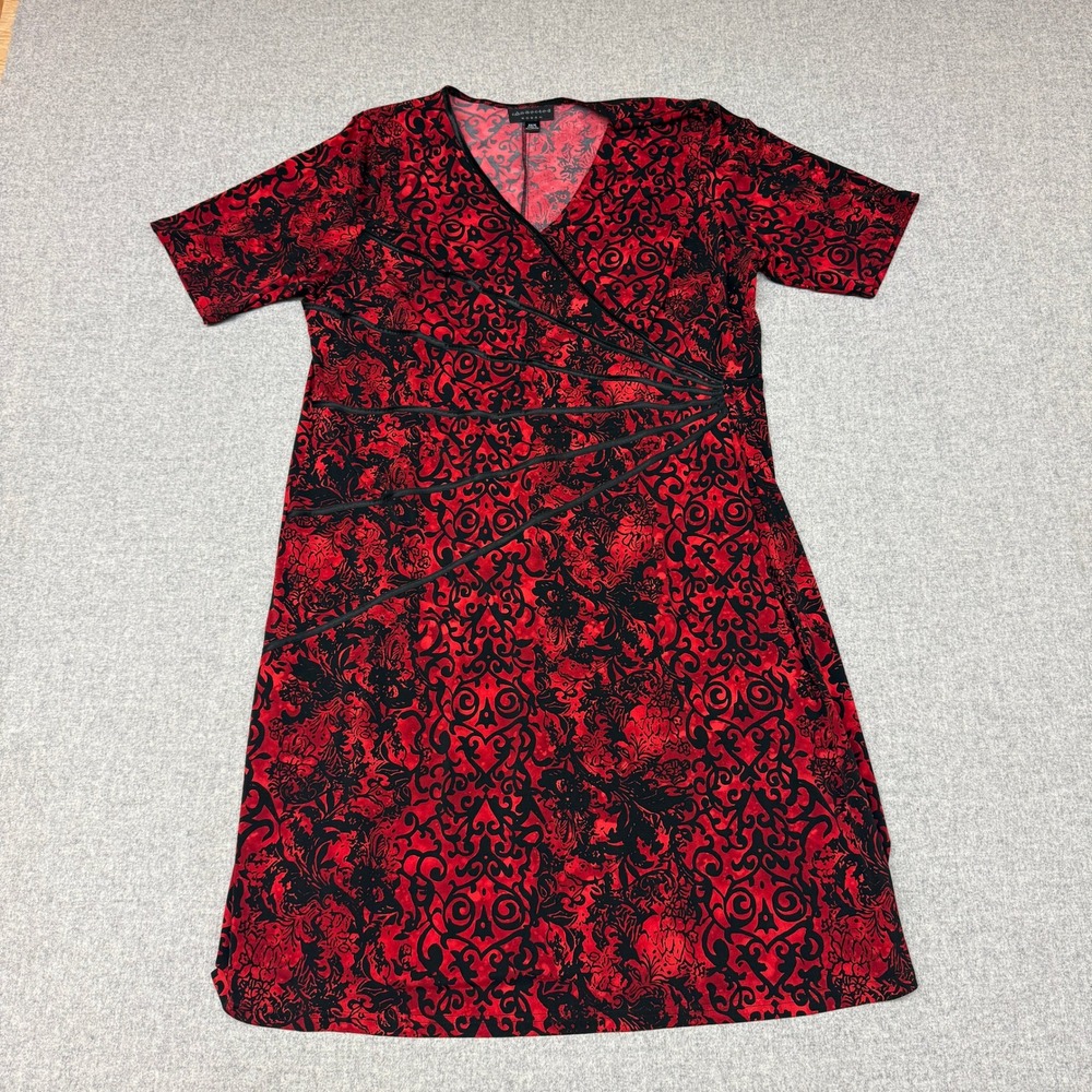 Connected Woman Faux Wrap Sheath Dress 20W Red Black Scroll Print Pleated V-Neck